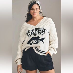 Anthropologie Cream and Black Graphic V-Neck Sweater